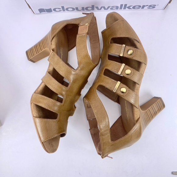 Cloudwalkers 9W Tan Parker 3.25 Inch Strappy Peep-toe Heels Gold Metal Accents - Picture 8 of 10